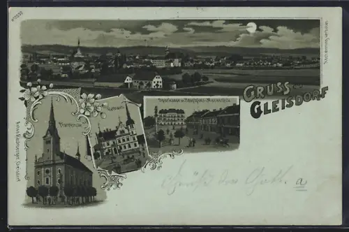 Mondschein-Lithographie Gleisdorf, Ortspanorama, Kirche, Sparkasse am Hauptplatz