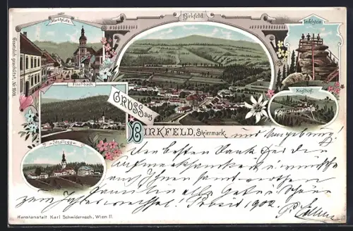 Lithographie Birkfeld /Steiermark, Marktplatz, Hotel Koglhof, Teufelstein, Fischbach
