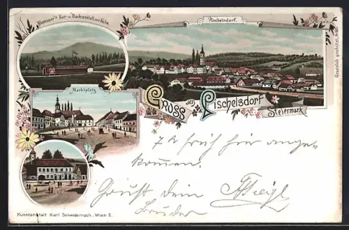Lithographie Pischelsdorf /Steiermark, Ortsansicht mit Kirche, Blumauer`s Kur- u. Badeanstalt mit Kulm, Marktplatz