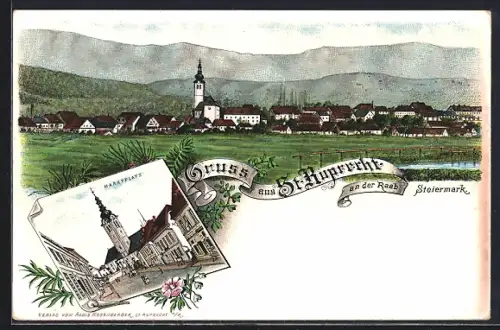 Lithographie St. Ruprecht an der Raab, Ortsansicht mit Kirche gegen die Berge, Marktplatz