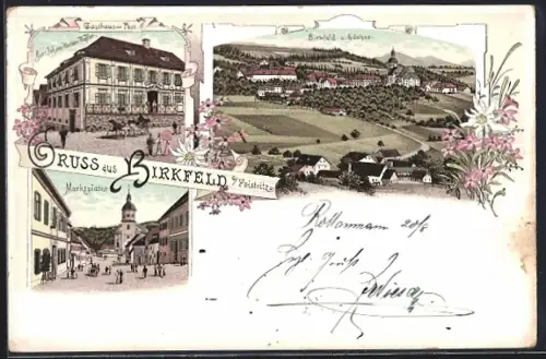 Lithographie Birkfeld a. Feistritz, Gasthaus zur Post, Restaurant Johann Hutter-Höfler, Marktplatz