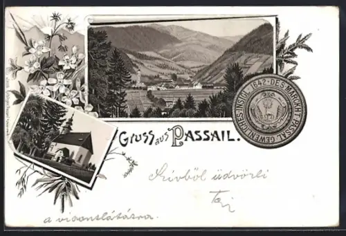 Lithographie Passail, Totalansicht mit Kirche gegen das Gebirge, Kapelle, Siegel Markt Passal 1642