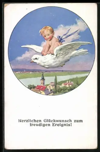 AK Baby fliegt auf dem Rücken eines weissen Vogels, Glückwunschkarte zur Geburt