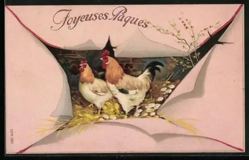AK Fröhliche Ostern, Hahn mit einem Huhn