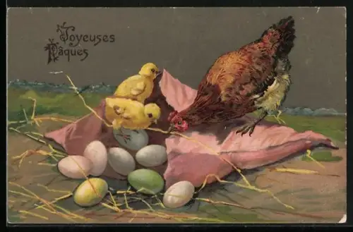 AK Henne betrachtet zusammen mit den Osterküken die Ostereier in der Tüte, Ein frohes Osterfest