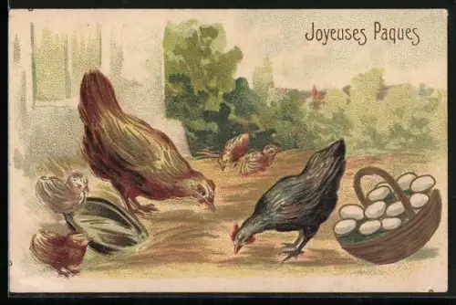 AK Pickende Hühner und Küken, Eierkorb, Ostergruss