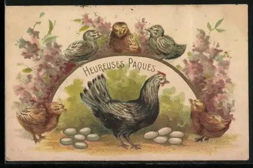 AK Henne und Osterküken mit Eiern, Heureuses Pâques