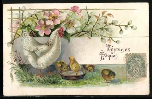 AK Huhn und Küken mit Wasserschale, Blühender Zweig, Ostergruss