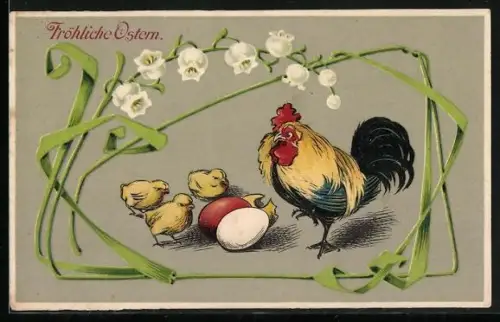 AK Huhn mit Küken u. Ostereiern, Maiglöckchen, Ostergruss