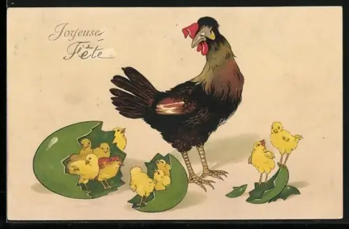 AK Frohe Ostern! Hahn & Osterküken