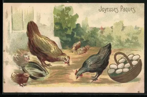 AK Hühner, Küken und Eierkorb vor einem Gebäude, Ostergruss