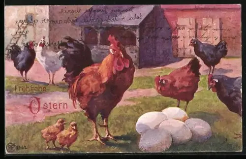 Künstler-AK Fröhliche Ostern, Hühner und Küken vor dem Stall