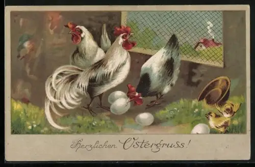 AK Herzlichen Ostergruss!, Hühner und Osterküken