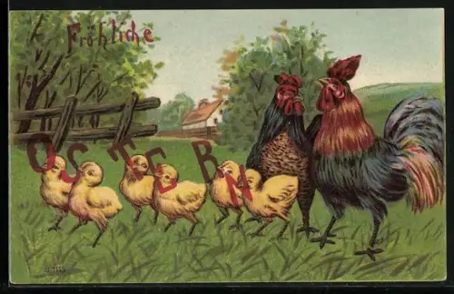 AK Ostern, stolze Eltern, Küken mit Buchstaben im Schnabel Ostern