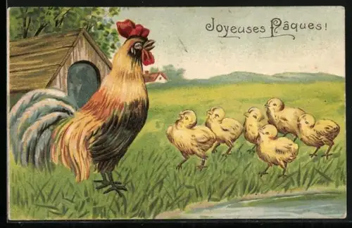 AK Huhn und Küken auf der Wiese, Ostergruss