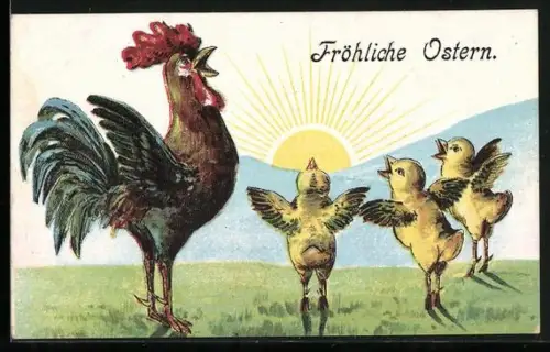 AK Singendes Huhn und Kükenchor, Ostergruss