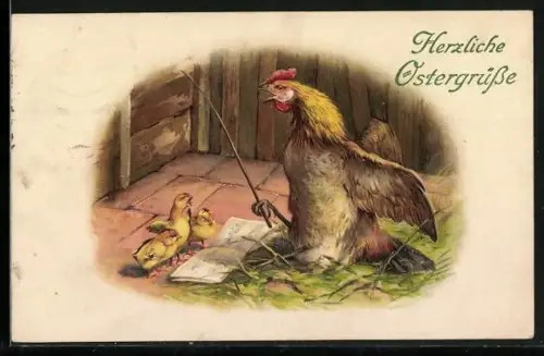 AK Huhn mit Taktstock und Kükenchor, Ostergruss