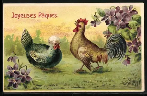 AK Hühner mit Veilchen zu Ostern