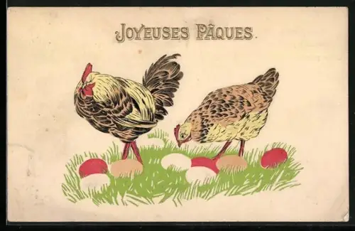 AK Henne und Hahn mit Ostereiern, Ostergruss