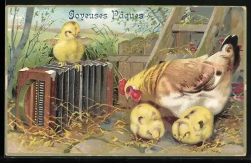 AK Huhn und Küken mit Ziehharmonika, Ostergruss
