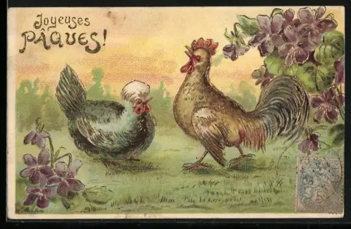 Präge-AK Zwei Hühner im Gras, Blumen, Ostergruss