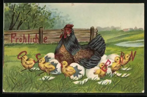 AK Henne betrachtet fröhlich die schlüpfenden Osterküken, Vroolijk Paaschfeest!