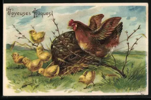 AK Ostern, Henne mit ihren Küken bei einem Ausflug auf der Wiese