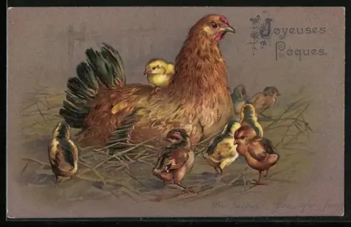 Lithographie Osterküken und Henne im Nest