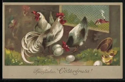 AK Herzlichen Ostergruss!, Hühner und Osterküken