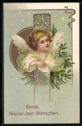 AK Neujahrssengel vor einem geschmückten Tannenbaum, Beste Nieuw-Jaar-Wenschen