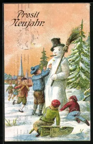 AK Kinder bauen einen Schneemann, Prosit Neujahr