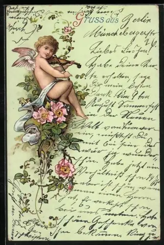 Lithographie Engel spielt Geige in einer Blütenranke, Gruss aus