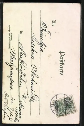 Lithographie Engel spielt Geige in einer Blütenranke, Gruss aus