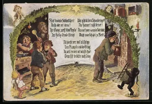 Künstler-AK Familie in der warmen Stube mit Weihnachtsengel u. Schornsteinfeger, Dr Weihnachts-Heilihohmd