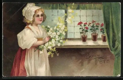 Lithographie Mädchen mit Blumen am Fenster stehend, Bonne Fête