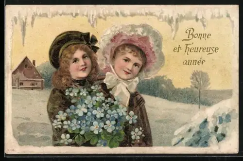 AK Mädchen mit einem Blumenstrauss im Schnee, Bonne et heureuse année