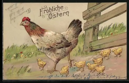 Lithographie Fröhliche Ostern, Huhn und Osterküken