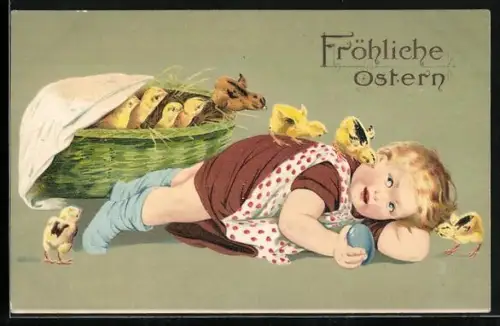 Präge-AK Osterküken springen aus einem Korb auf ein liegendes Kind, Fröhliche Ostern
