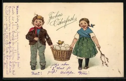 Präge-AK Zwei Kinder mit einem Korb voller Ostereier und einem Osterküken