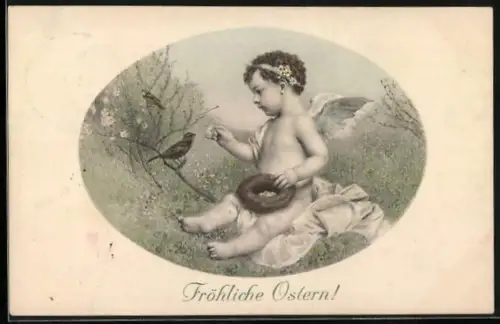 AK Osterengel sitzt mit einem Vogel auf einer Wiese