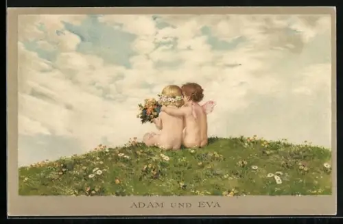 Künstler-AK M. Munk Nr. 1173: Adam und Eva, Engel auf einer Wiese