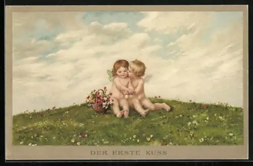 AK Zwei Engel auf der Wiese, Der erste Kuss