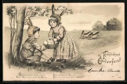 Lithographie Kinder im Osterhasenkostüm unter einem Baum, Fröhliches Osterfest