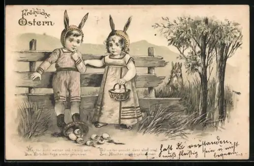Lithographie Kinder mit Hasenohren und Osterkörben vor einem Zaun, Osterhasen schauen ihnen zu