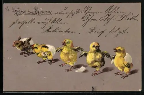 Lithographie Osterküken schlüpfen aus ihrem Eiern, Fröhliche Ostern