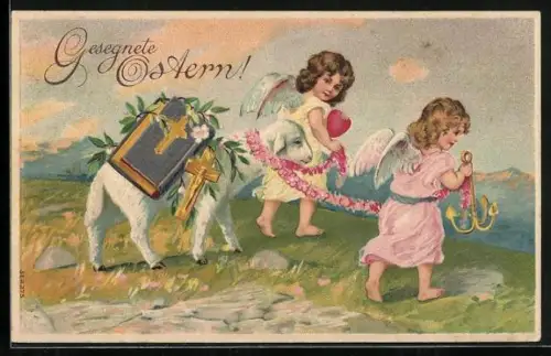 Präge-AK Zwei Osterengel führen ein Lamm an Blumenketten, Gesegnete Ostern