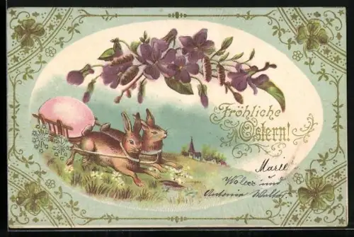 Präge-AK Osterhasen springen mit ihrem Eier-Fuhrwerk über die Wiese, Fröhliche Ostern