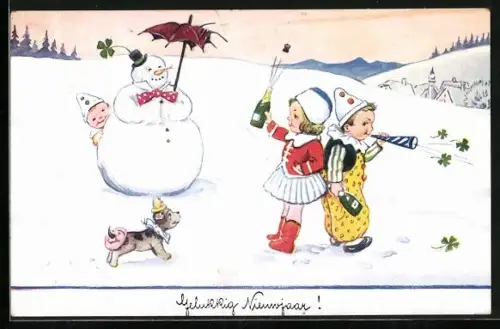 AK Zwei Kinder feiern das neue Jahr mit einem Schneemann