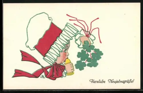 AK Mädchen mit Bündel aus Kleeblättern, Neujahr