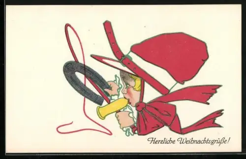AK Mädchen mit Hufeisen und Peitsche, Herzliche Weihnachtsgrüsse